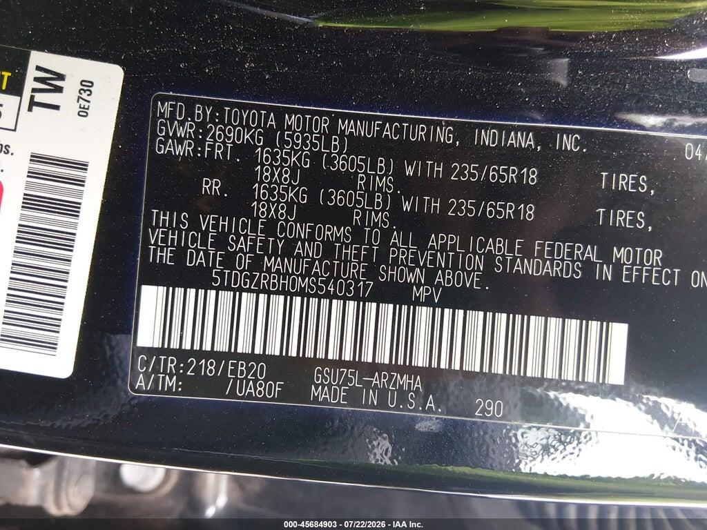 5TDGZRBH0MS540317 2021 TOYOTA HIGHLANDER photo no. 9