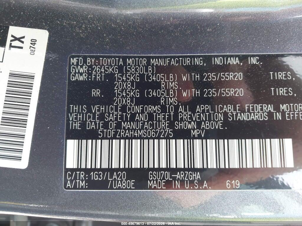 5TDFZRAH4MS067275 2021 TOYOTA HIGHLANDER photo no. 9