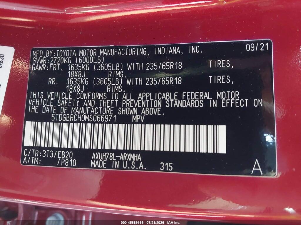 5TDGBRCH0MS066971 2021 TOYOTA HIGHLANDER photo no. 9