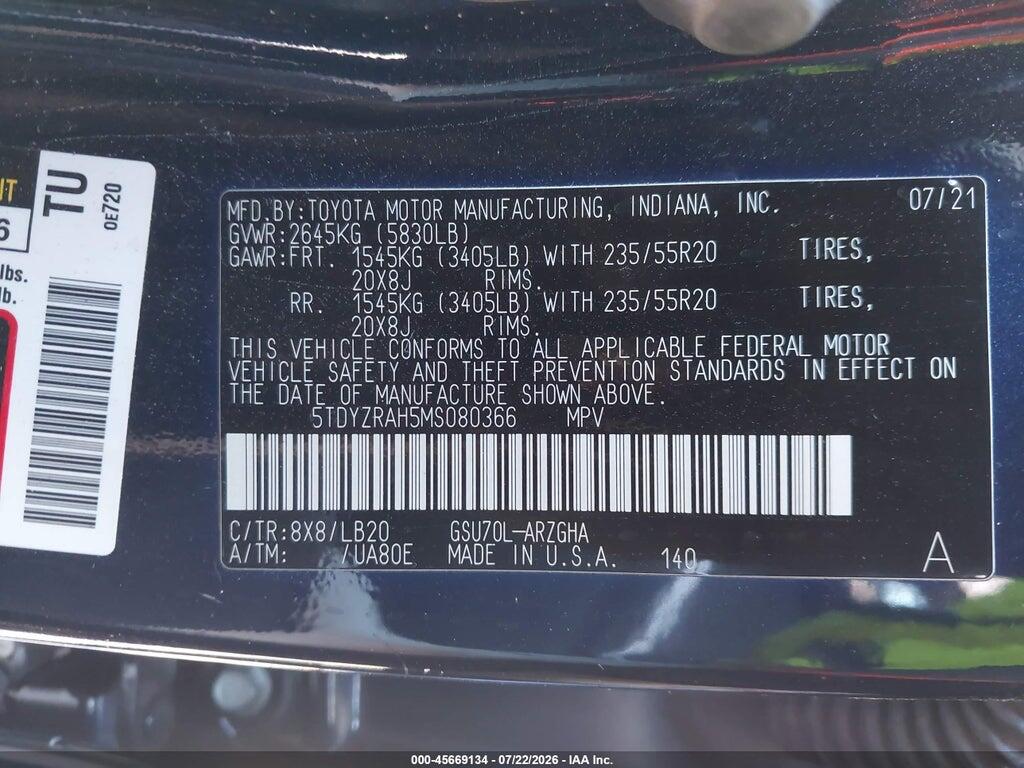 5TDYZRAH5MS080366 2021 TOYOTA HIGHLANDER photo no. 9