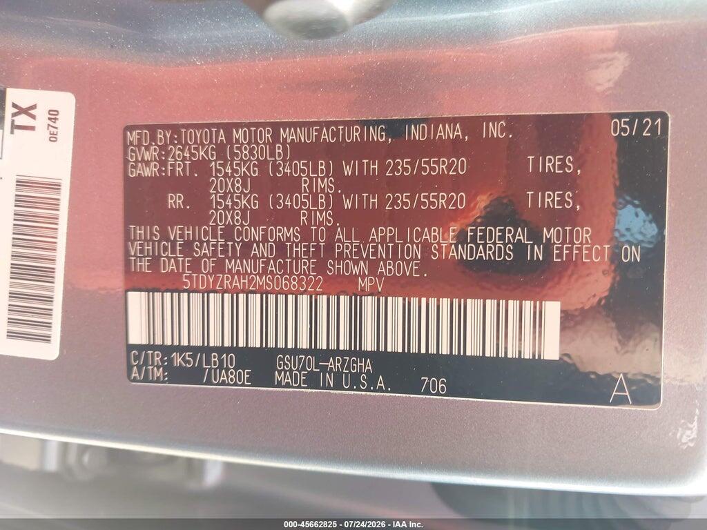 5TDYZRAH2MS068322 2021 TOYOTA HIGHLANDER photo no. 9