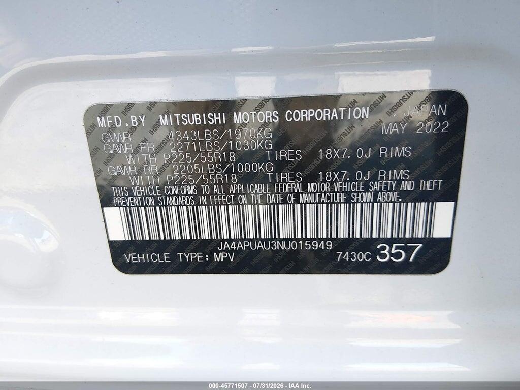 JA4APUAU3NU015949 2022 MITSUBISHI OUTLANDER SPORT photo no. 9
