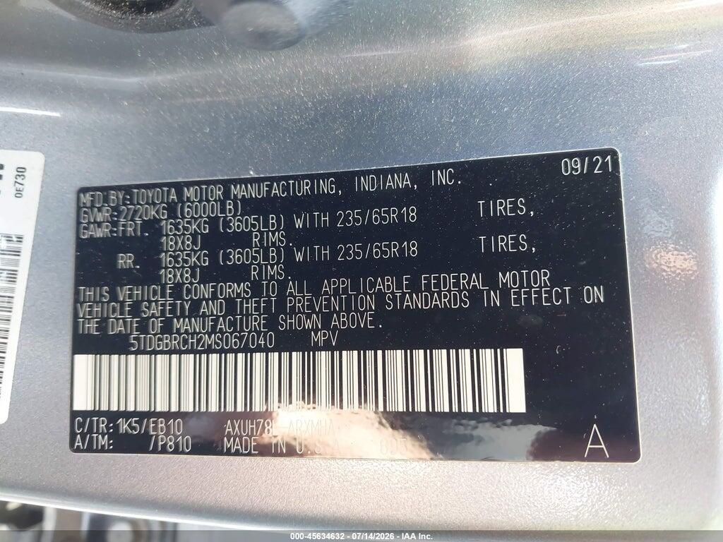 5TDGBRCH2MS067040 2021 TOYOTA HIGHLANDER photo no. 9