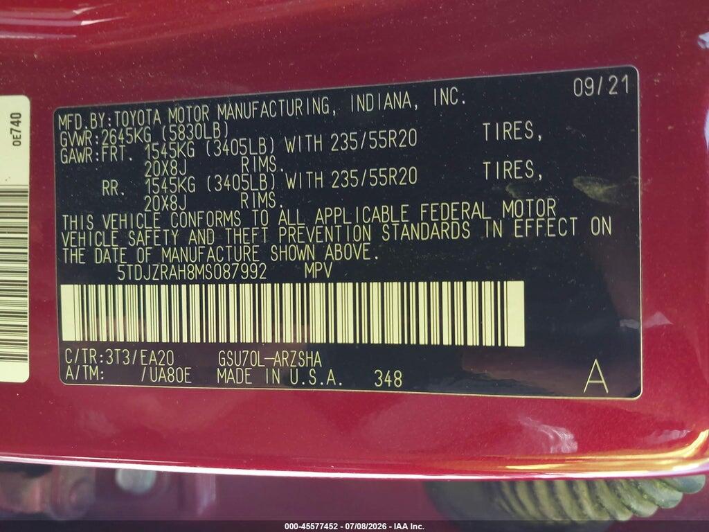 5TDJZRAH8MS087992 2021 TOYOTA HIGHLANDER photo no. 9