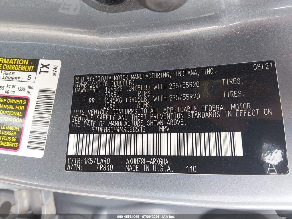 5TDEBRCH4MS066513 2021 TOYOTA HIGHLANDER photo no. 9