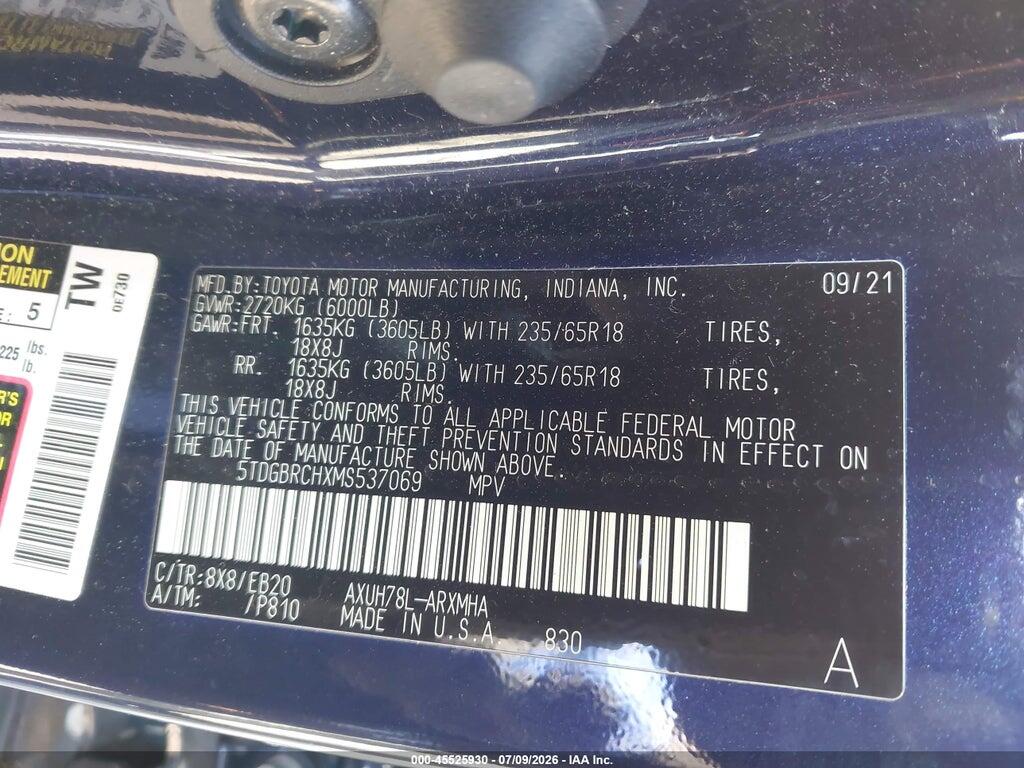5TDGBRCHXMS537069 2021 TOYOTA HIGHLANDER photo no. 9