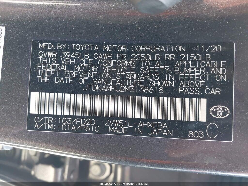 JTDKAMFU2M3138618 2021 TOYOTA PRIUS photo no. 9