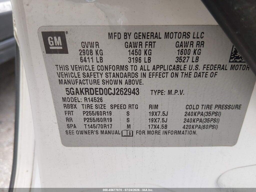 5GAKRDED0CJ262943 2012 BUICK ENCLAVE photo no. 9