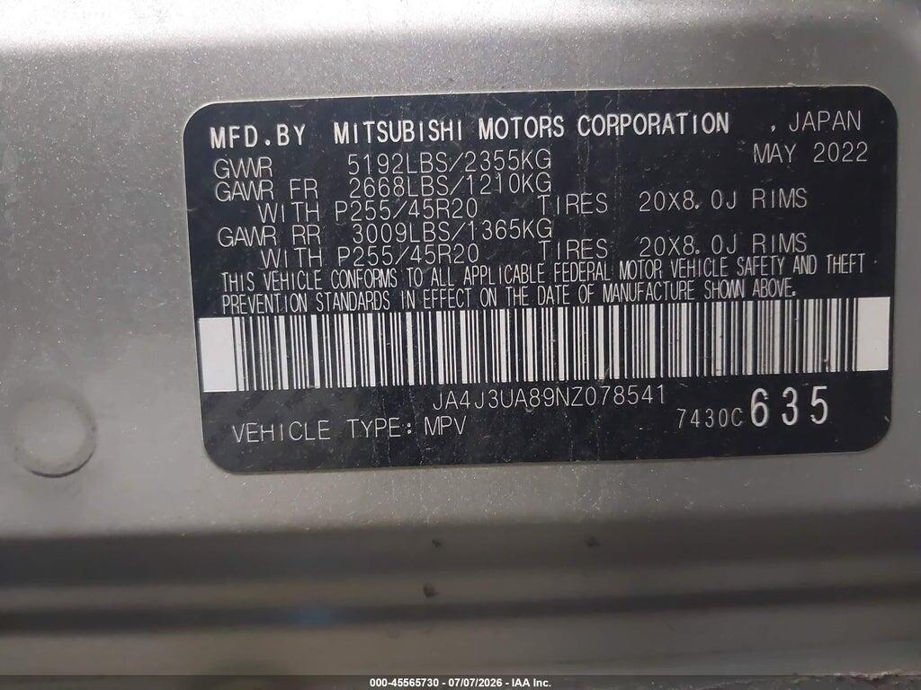 JA4J3UA89NZ078541 2022 MITSUBISHI OUTLANDER photo no. 9