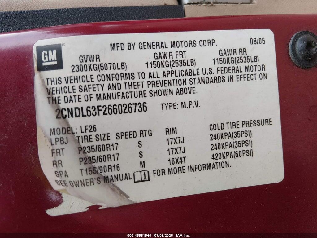 2CNDL63F266026736 2006 CHEVROLET EQUINOX photo no. 9