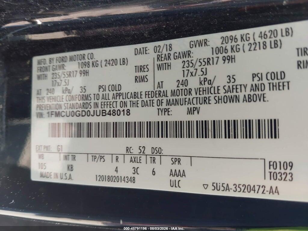 1FMCU0GD0JUB48018 2018 FORD ESCAPE photo no. 9
