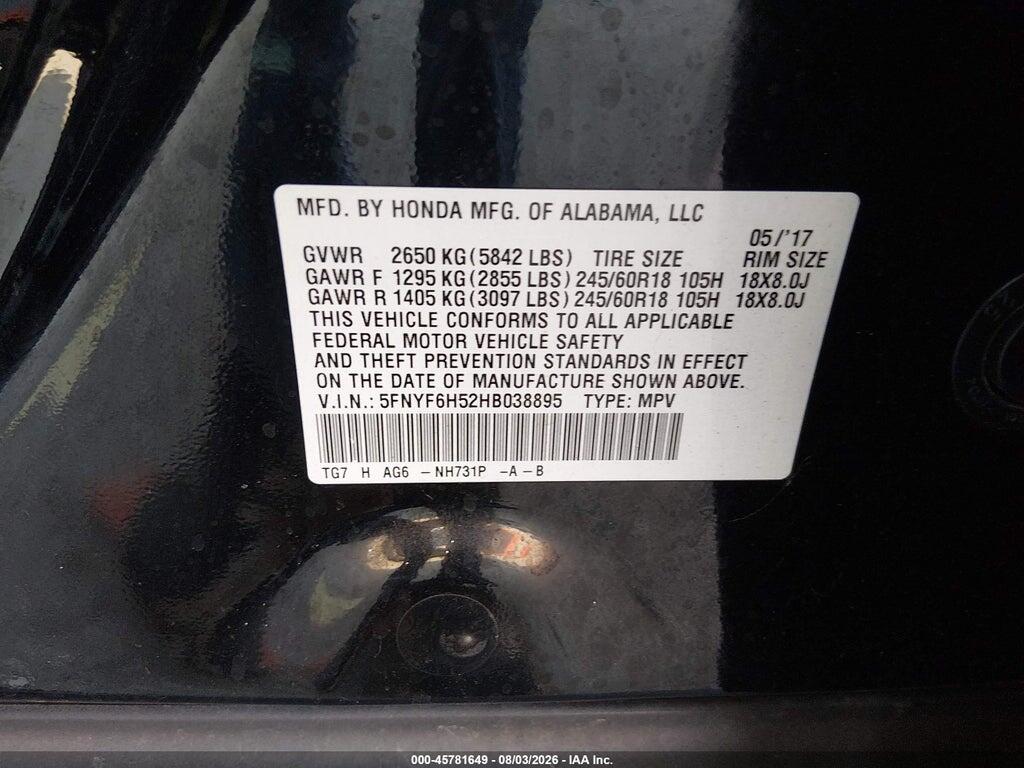 5FNYF6H52HB038895 2017 HONDA PILOT photo no. 9