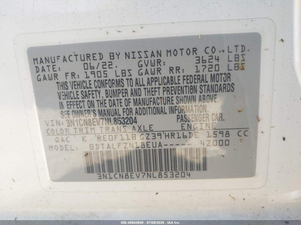 3N1CN8EV7NL853204 2022 NISSAN VERSA photo no. 9