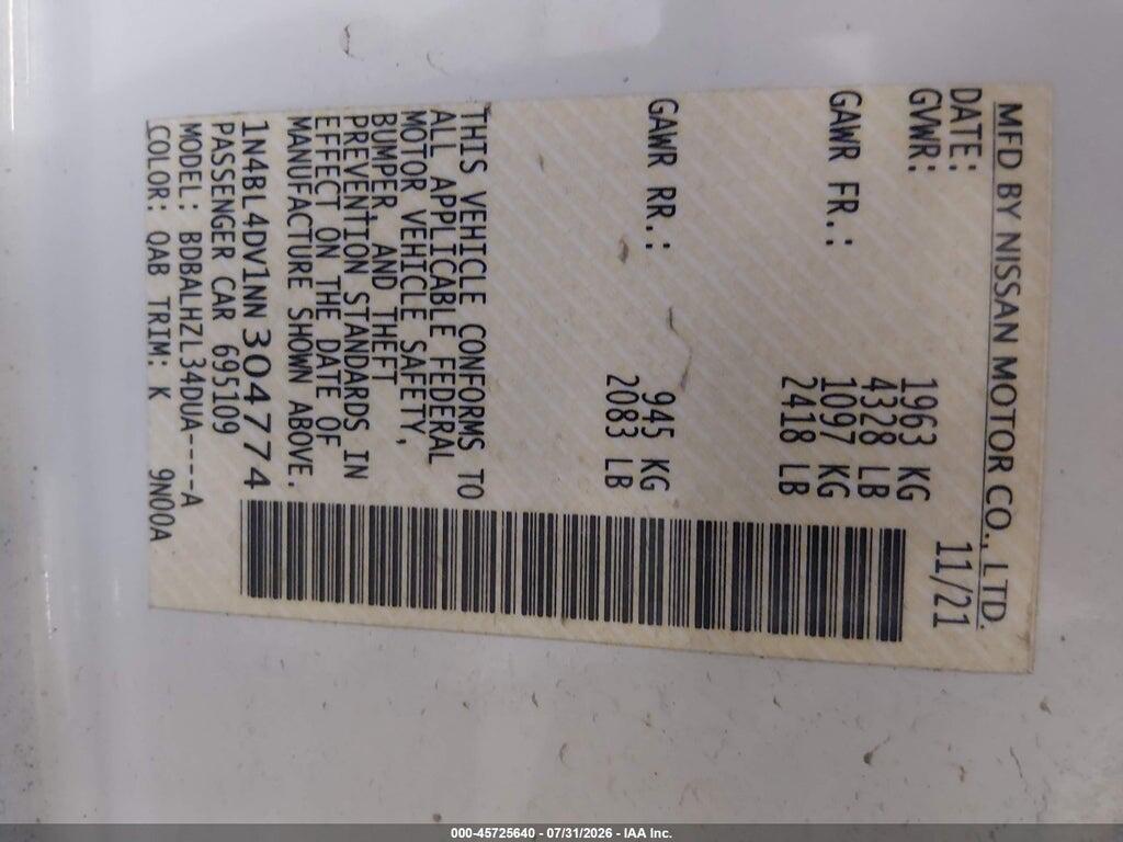 1N4BL4DV1NN304774 2022 NISSAN ALTIMA photo no. 9