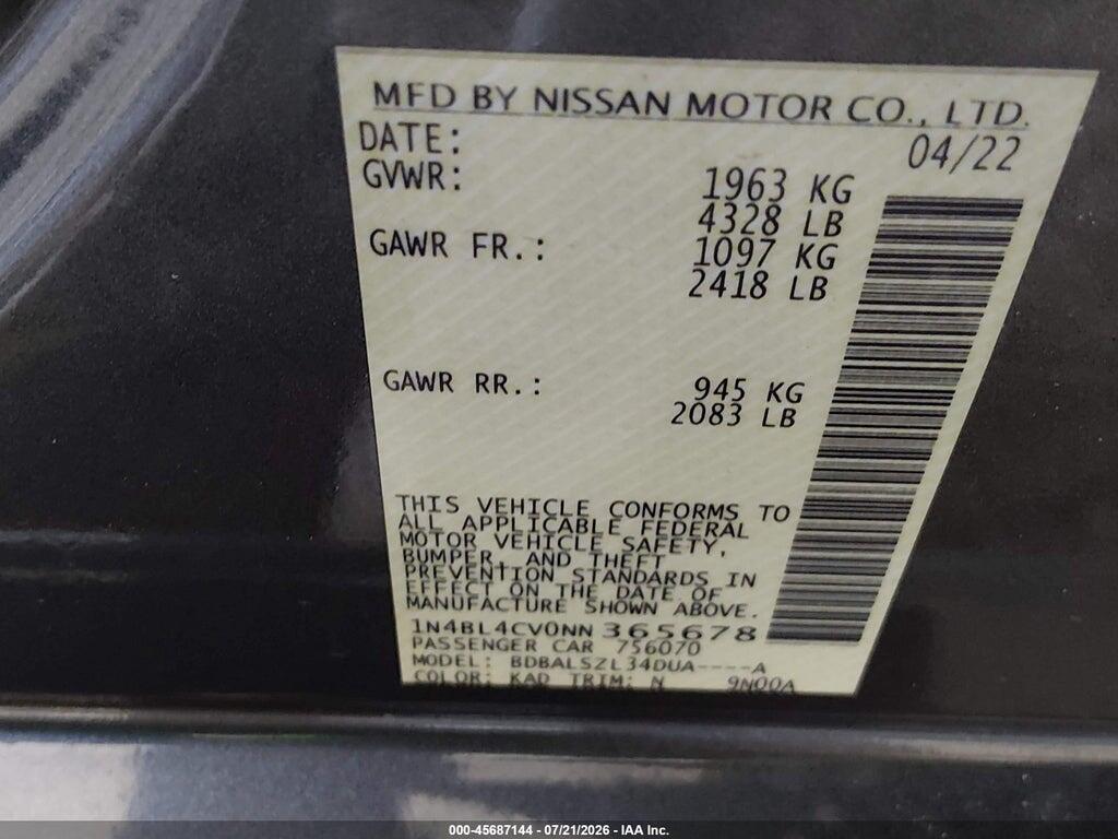 1N4BL4CV0NN365678 2022 NISSAN ALTIMA photo no. 9