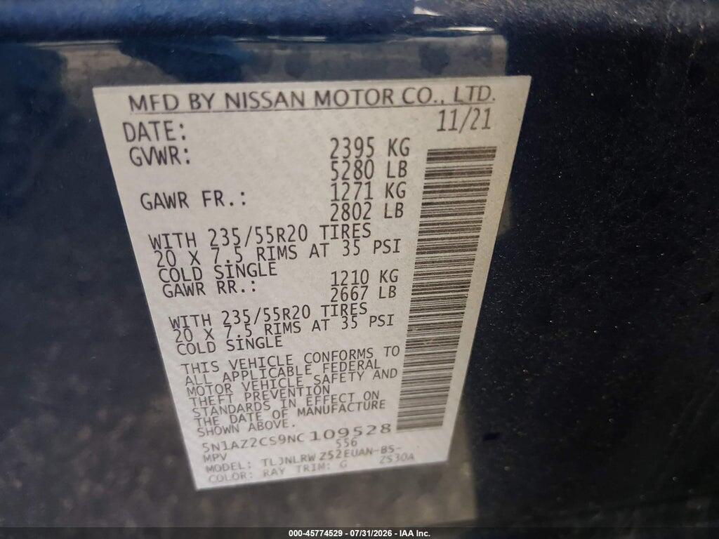 5N1AZ2CS9NC109528 2022 NISSAN MURANO photo no. 9