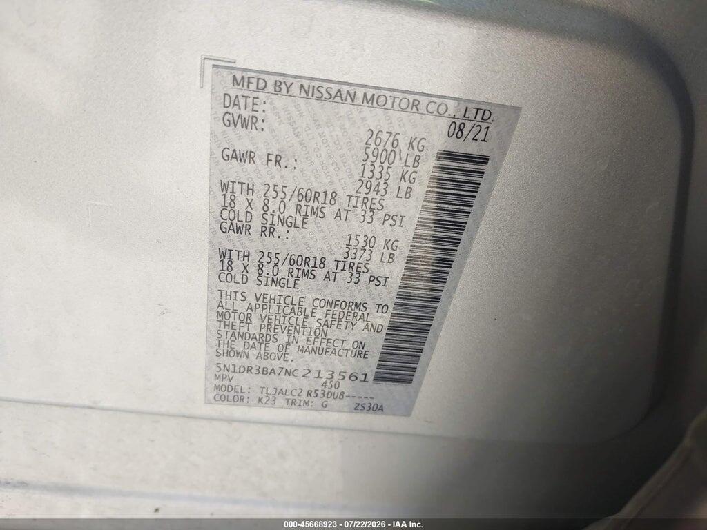 5N1DR3BA7NC213561 2022 NISSAN PATHFINDER photo no. 9