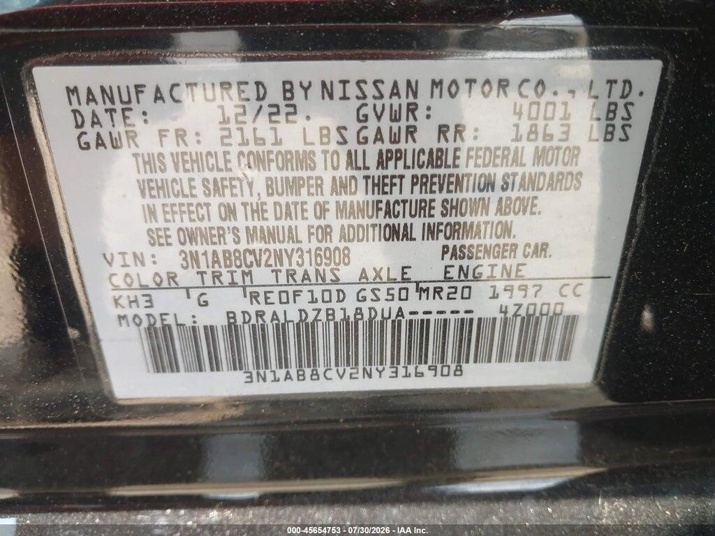 3N1AB8CV2NY316908 2022 NISSAN SENTRA photo no. 9
