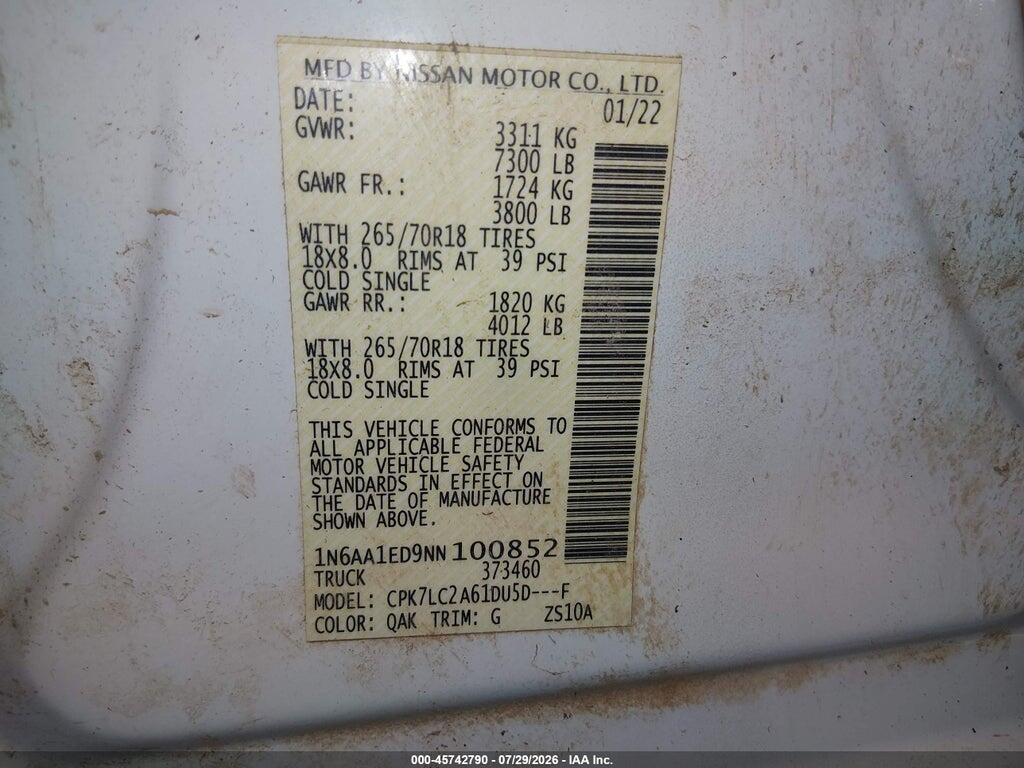 1N6AA1ED9NN100852 2022 NISSAN TITAN photo no. 9