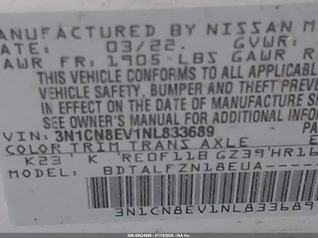 3N1CN8EV1NL833689 2022 NISSAN VERSA photo no. 9