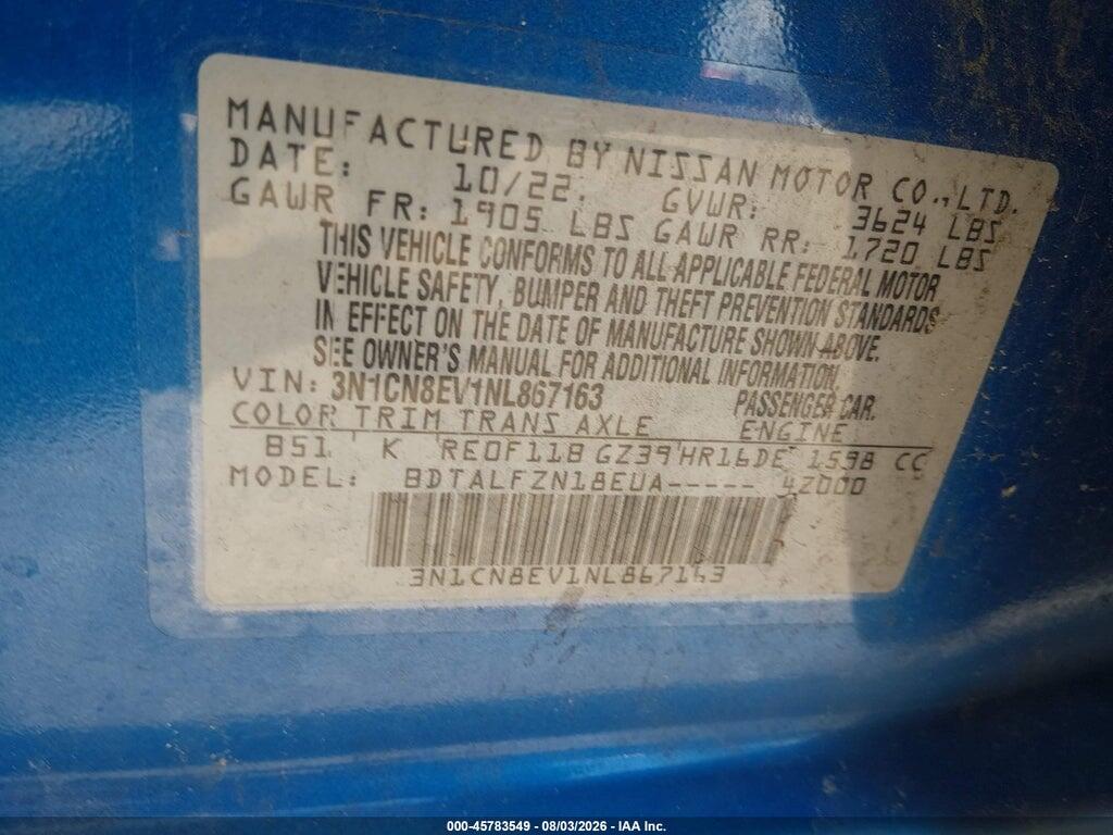 3N1CN8EV1NL867163 2022 NISSAN VERSA photo no. 9