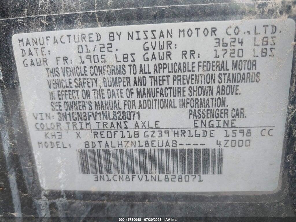 3N1CN8FV1NL828071 2022 NISSAN VERSA photo no. 9
