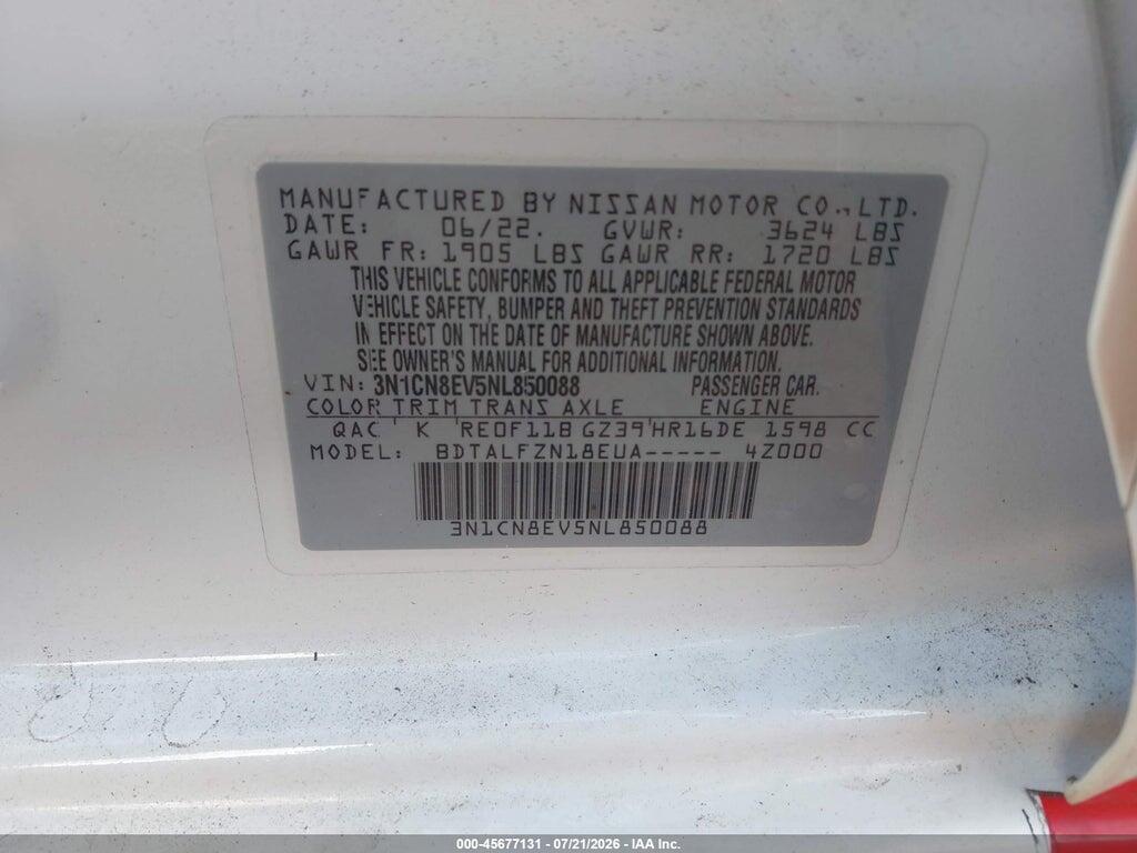 3N1CN8EV5NL850088 2022 NISSAN VERSA photo no. 9
