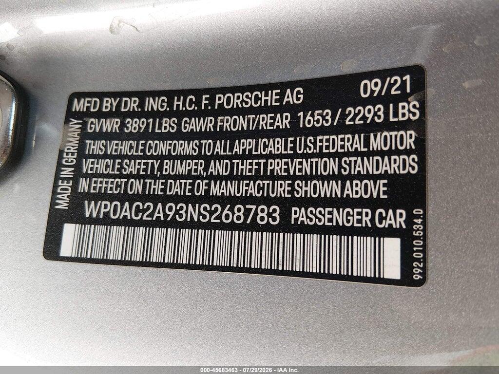 WP0AC2A93NS268783 2022 PORSCHE 911 photo no. 9