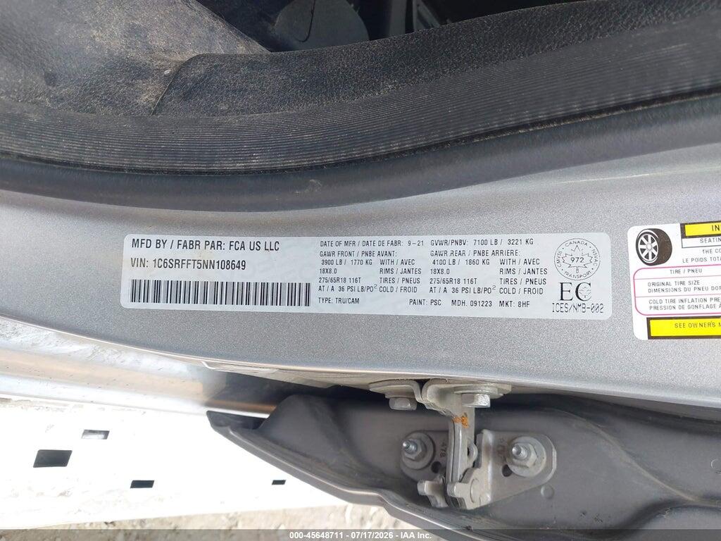 1C6SRFFT5NN108649 2022 RAM 1500 photo no. 9