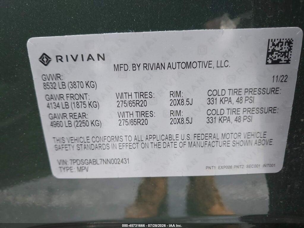 7PDSGABL7NN002431 2022 RIVIAN R1S photo no. 9
