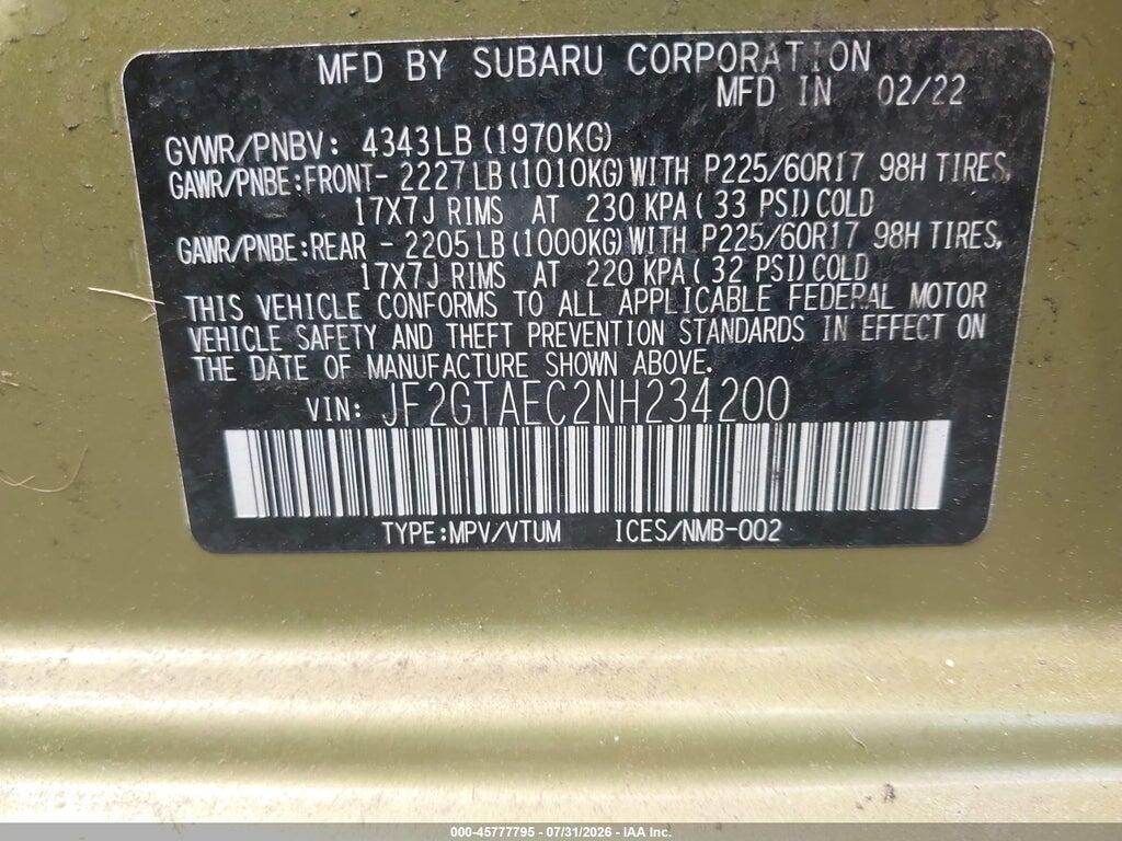 JF2GTAEC2NH234200 2022 SUBARU CROSSTREK photo no. 9