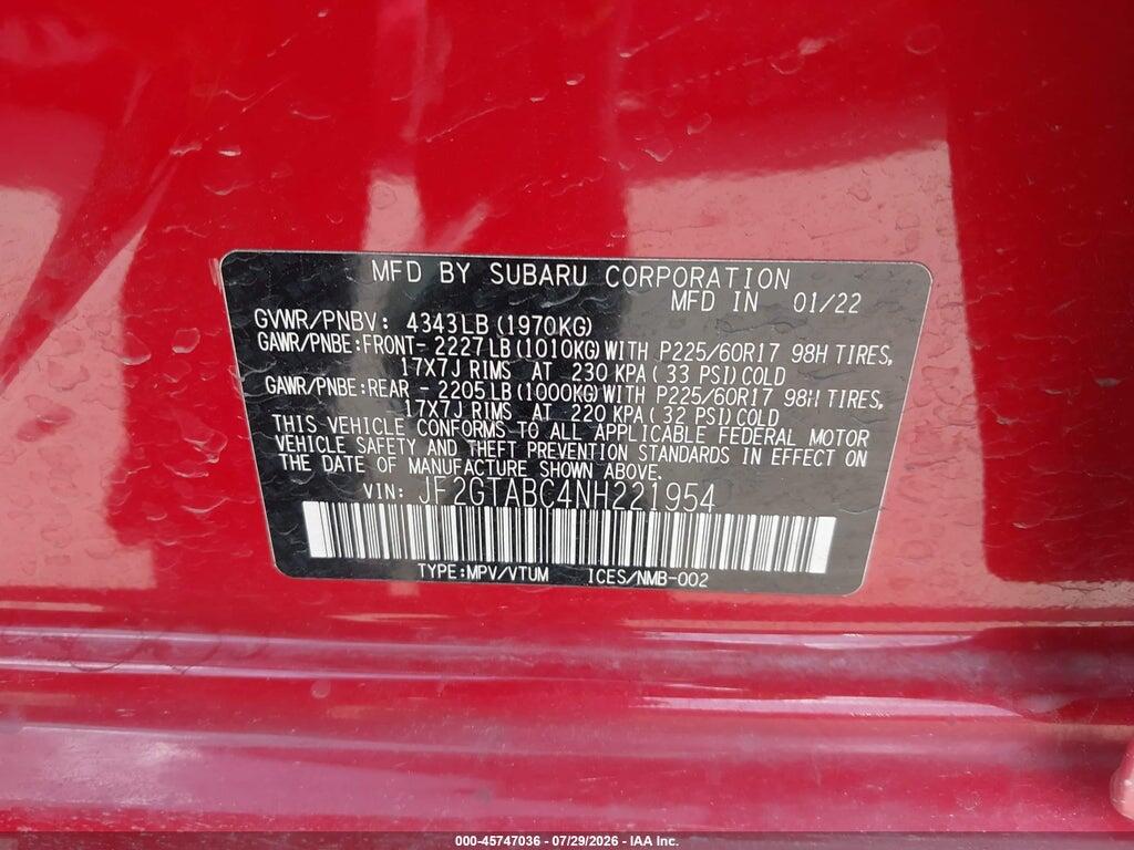 JF2GTABC4NH221954 2022 SUBARU CROSSTREK photo no. 9