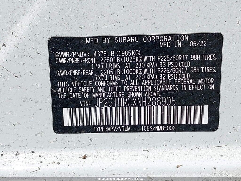 JF2GTHRCXNH286905 2022 SUBARU CROSSTREK photo no. 9