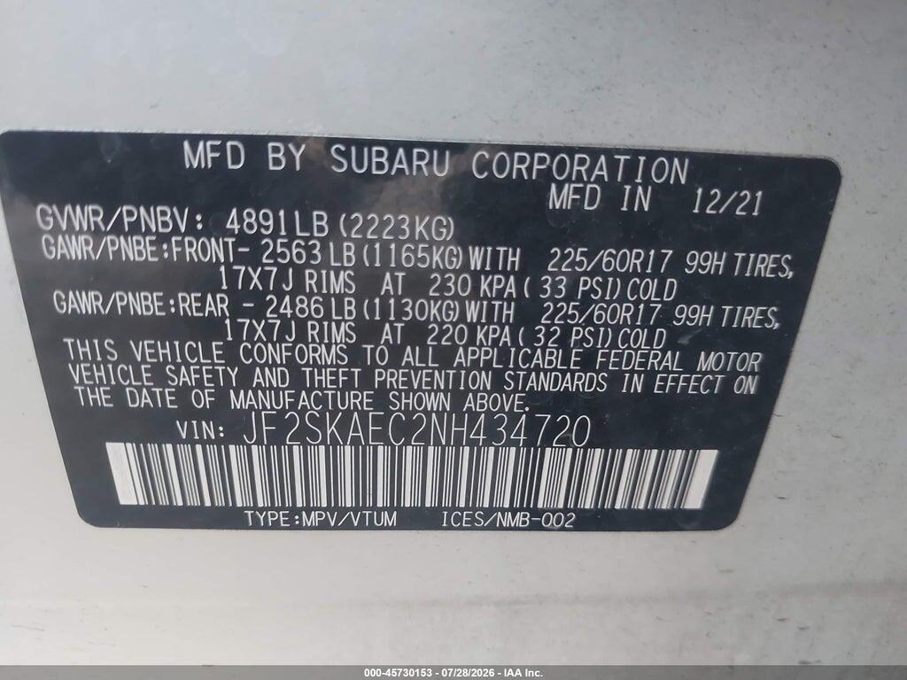 JF2SKAEC2NH434720 2022 SUBARU FORESTER photo no. 9