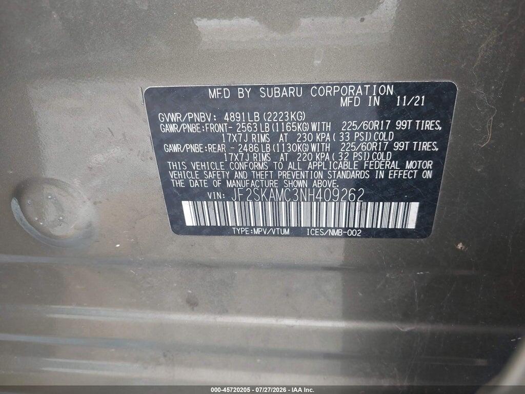 JF2SKAMC3NH409262 2022 SUBARU FORESTER photo no. 9