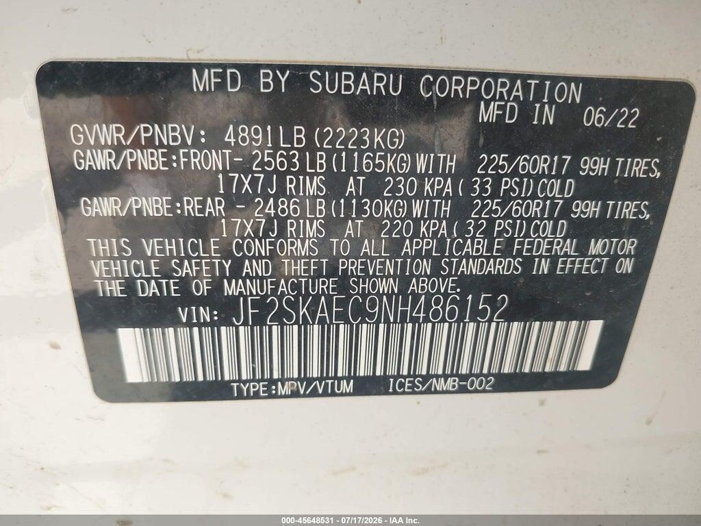 JF2SKAEC9NH486152 2022 SUBARU FORESTER photo no. 9