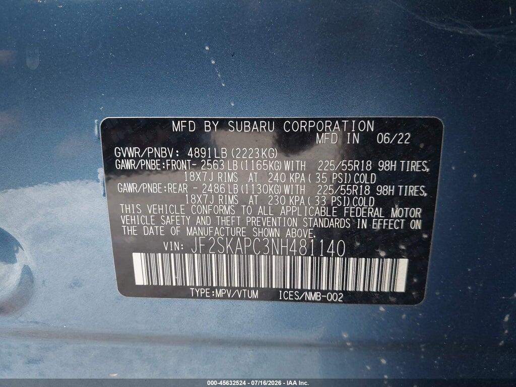 JF2SKAPC3NH481140 2022 SUBARU FORESTER photo no. 9