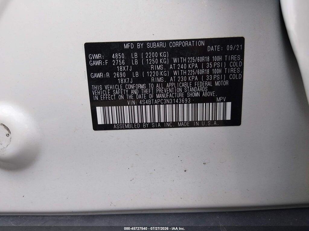 4S4BTAPC3N3143693 2022 SUBARU OUTBACK photo no. 9