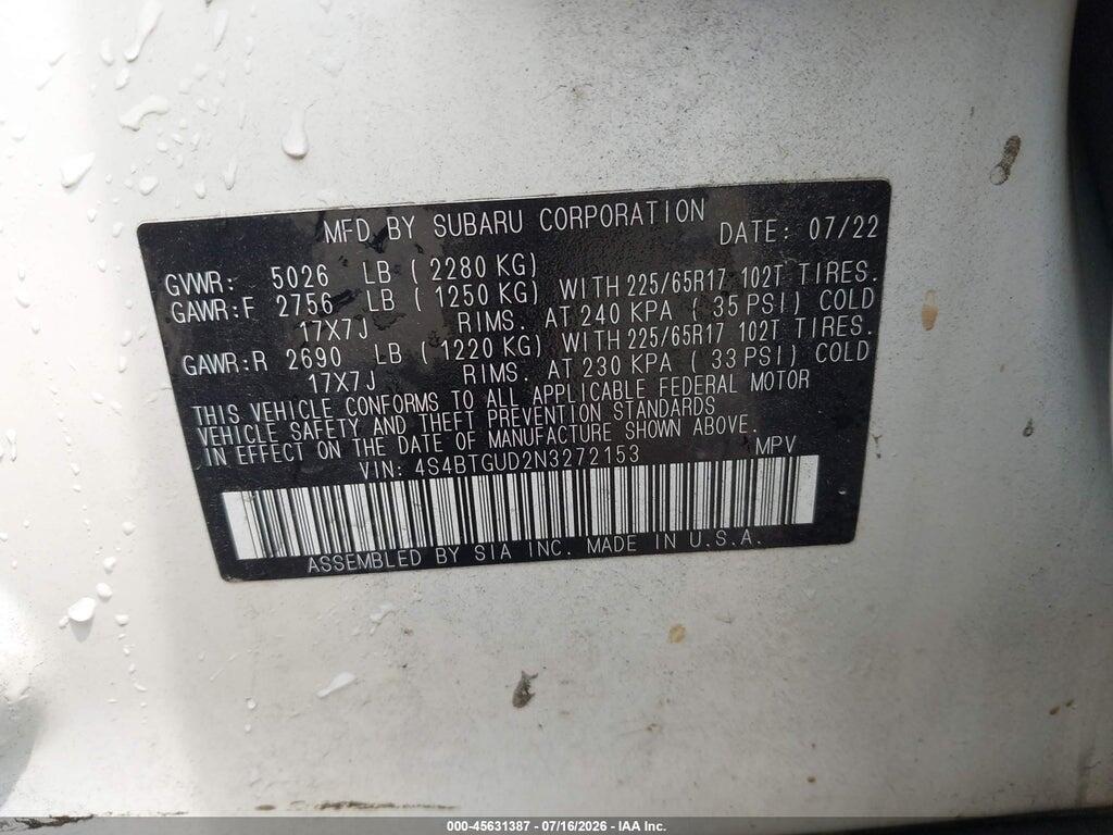 4S4BTGUD2N3272153 2022 SUBARU OUTBACK photo no. 9