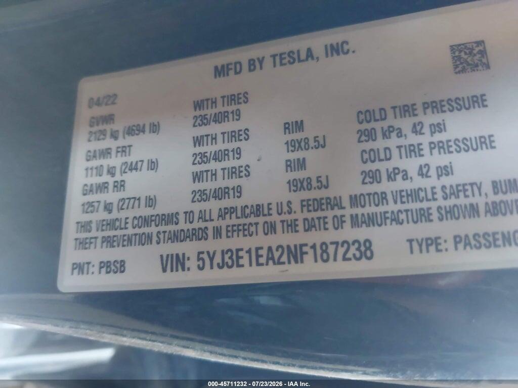 5YJ3E1EA2NF187238 2022 TESLA MODEL 3 photo no. 9