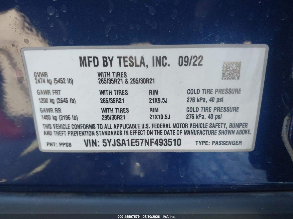 5YJSA1E57NF493510 2022 TESLA MODEL S photo no. 9