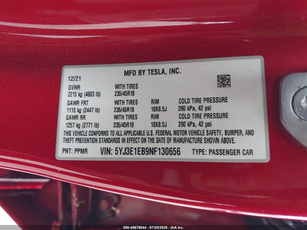 5YJ3E1EB9NF130656 2022 TESLA MODEL 3 photo no. 9