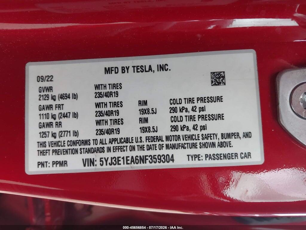 5YJ3E1EA6NF359304 2022 TESLA MODEL 3 photo no. 9
