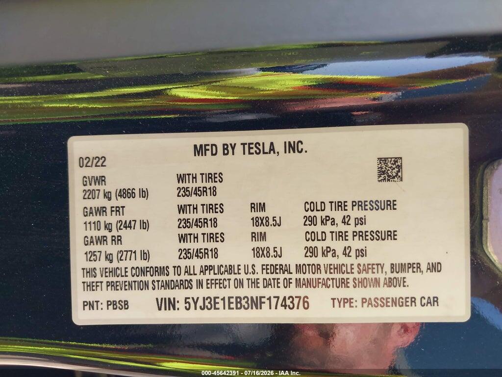 5YJ3E1EB3NF174376 2022 TESLA MODEL 3 photo no. 9