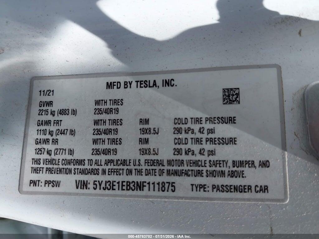 5YJ3E1EB3NF111875 2022 TESLA MODEL 3 photo no. 9