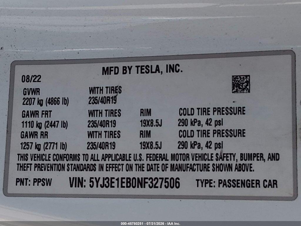 5YJ3E1EB0NF327506 2022 TESLA MODEL 3 photo no. 9