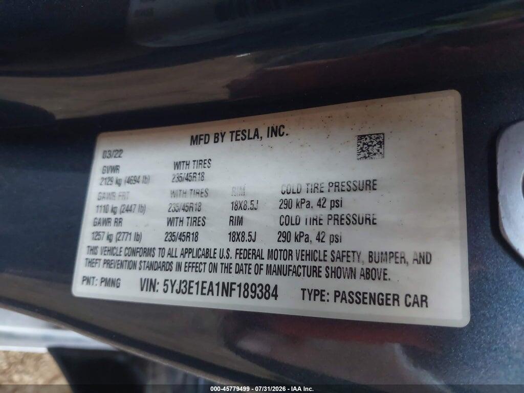 5YJ3E1EA1NF189384 2022 TESLA MODEL 3 photo no. 9