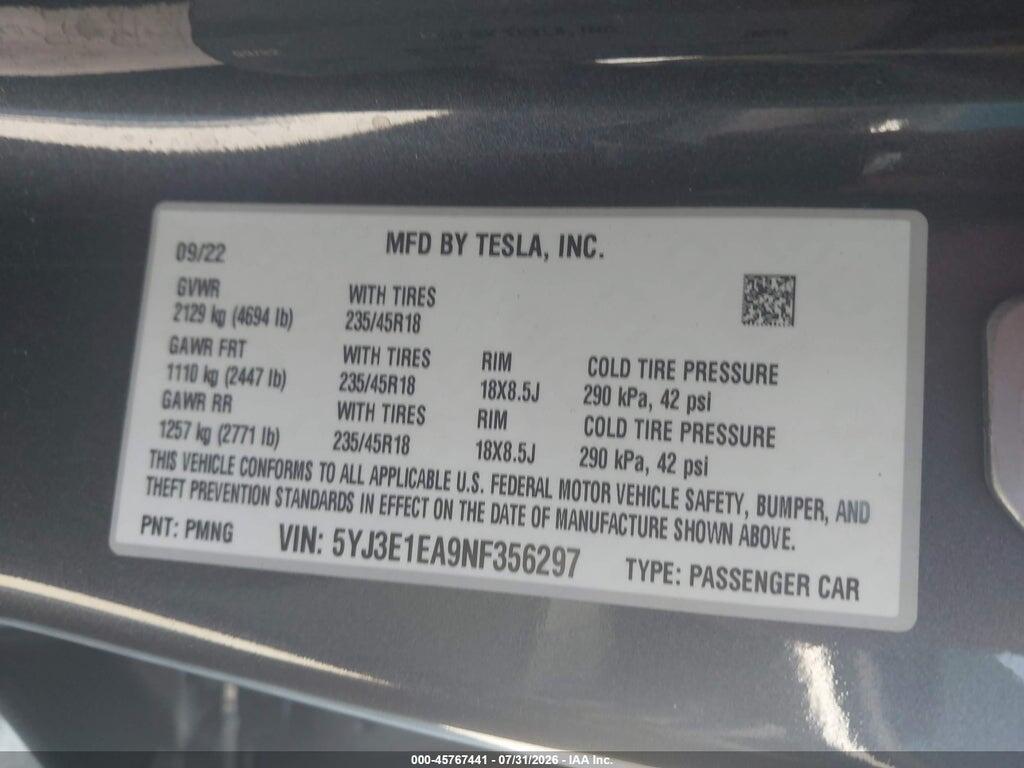5YJ3E1EA9NF356297 2022 TESLA MODEL 3 photo no. 9