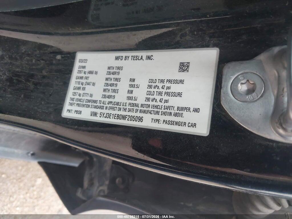 5YJ3E1EB0NF205096 2022 TESLA MODEL 3 photo no. 9