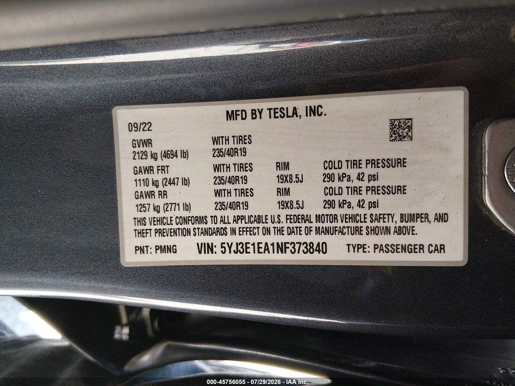 5YJ3E1EA1NF373840 2022 TESLA MODEL 3 photo no. 9